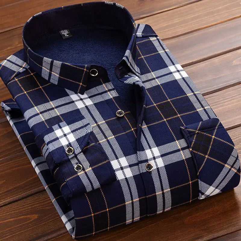   Autumn Winter Warm Plaid Fleece Shirt for Men Long Sleeve Flannel Fur Lined Thick Formal Dress Shirt  Clothing   EUR Brandsonce   Btsukimi Brandsonce Brandsonce