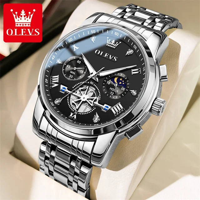   OLEVS Stainless Steel Watches Chronograph Moon Phase Waterproof Luminous Quartz Wrist Watch for Men  Watch   EUR Brandsonce   OLEVS Brandsonce Brandsonce