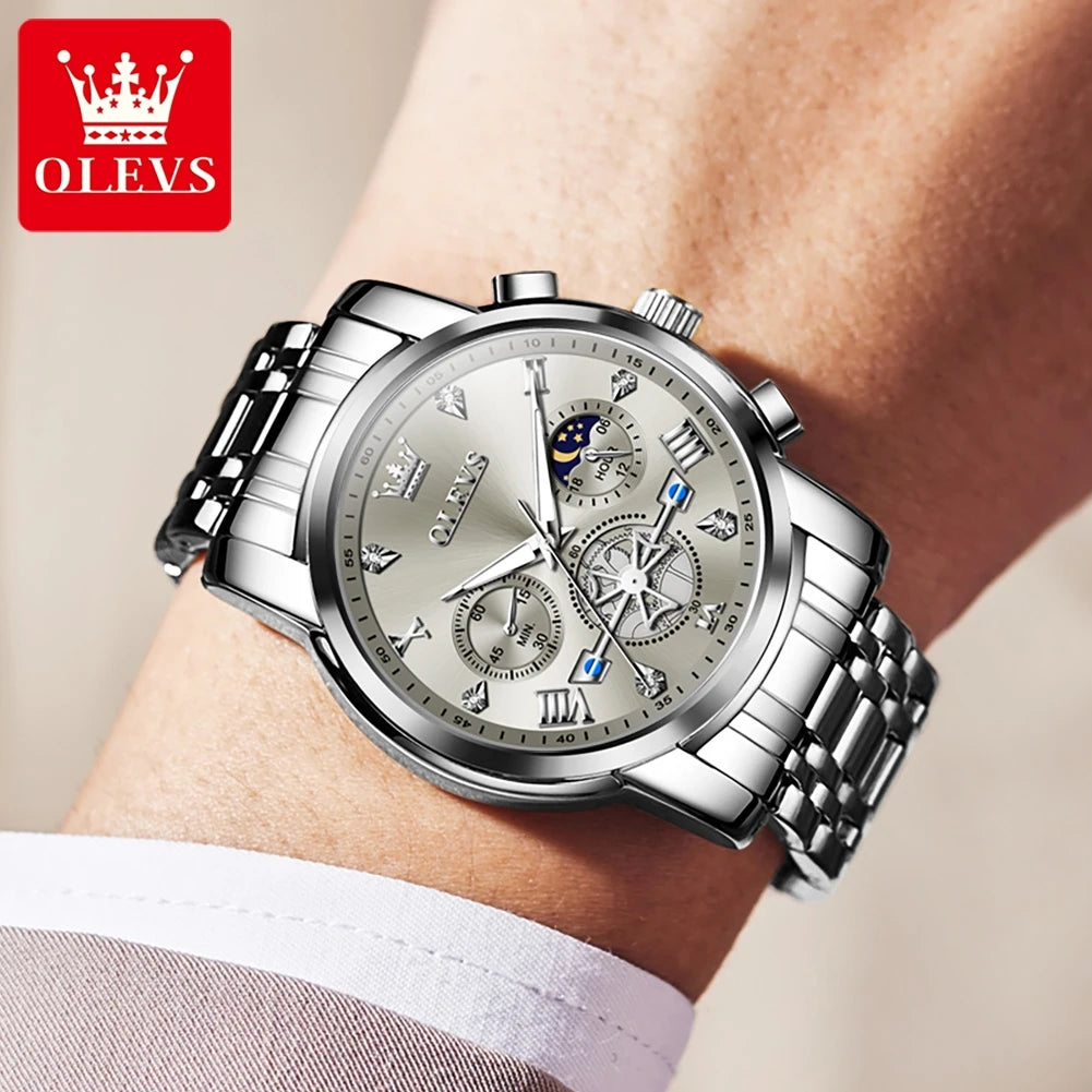   OLEVS Stainless Steel Watches Chronograph Moon Phase Waterproof Luminous Quartz Wrist Watch for Men  Watch   EUR Brandsonce   OLEVS Brandsonce Brandsonce