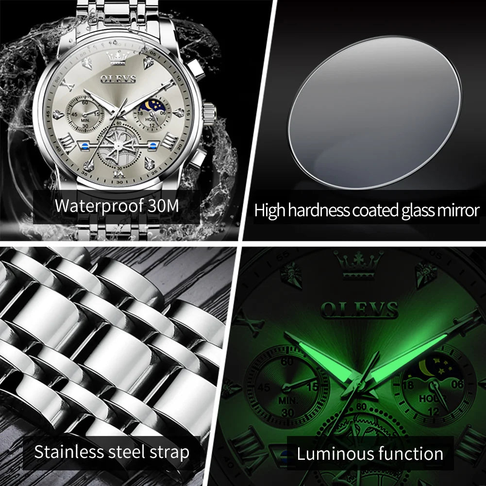   OLEVS Stainless Steel Watches Chronograph Moon Phase Waterproof Luminous Quartz Wrist Watch for Men  Watch   EUR Brandsonce   OLEVS Brandsonce Brandsonce
