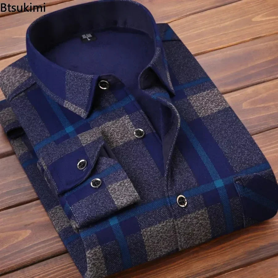   Autumn Winter Warm Plaid Fleece Shirt for Men Long Sleeve Flannel Fur Lined Thick Formal Dress Shirt  Clothing   EUR Brandsonce   Btsukimi Brandsonce Brandsonce