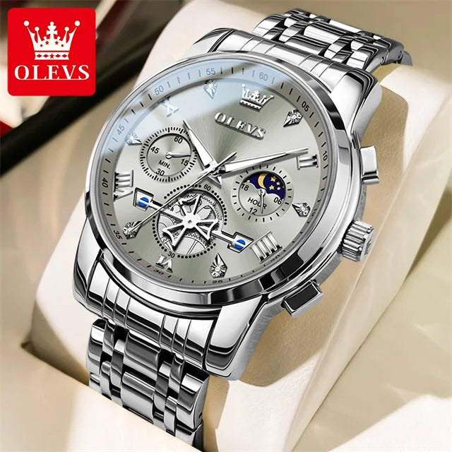   OLEVS Stainless Steel Watches Chronograph Moon Phase Waterproof Luminous Quartz Wrist Watch for Men  Watch   EUR Brandsonce   OLEVS Brandsonce Brandsonce