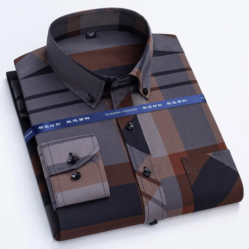   2024  Men's Dress Shirts Spring Autumn  Non-iron Anti-wrinkle Business Casual Print Thin Plaid Slim Fit  Clothing   EUR Brandsonce   DELIY Brandsonce Brandsonce