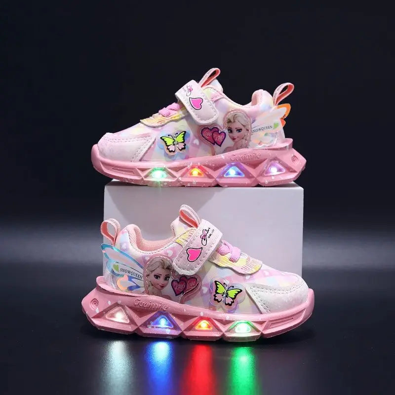   Disney LED Casual Sneakers for Spring Girls Frozen Elsa Princess Print PU Leather Shoes Children Lighted Non-slip in Pink Purple  Shoes   EUR Brandsonce   MINISO Brandsonce Brandsonce