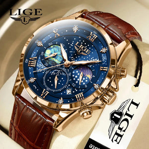   LIGE Men's Luxury Sport Watch Waterproof Date Luminous Chronograph Wristwatch with Leather Clock Band  Watches   EUR Brandsonce   Lige Brandsonce