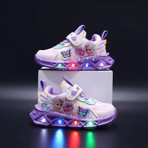   Disney LED Casual Sneakers for Spring Girls Frozen Elsa Princess Print PU Leather Shoes Children Lighted Non-slip in Pink Purple  Shoes   EUR Brandsonce   MINISO Brandsonce