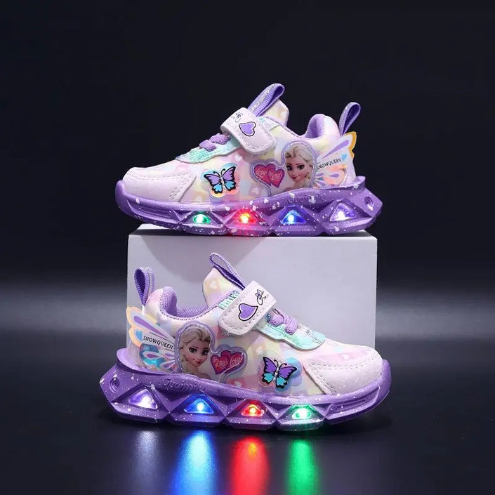   Disney LED Casual Sneakers for Spring Girls Frozen Elsa Princess Print PU Leather Shoes Children Lighted Non-slip in Pink Purple  Shoes   EUR Brandsonce   MINISO Brandsonce Brandsonce