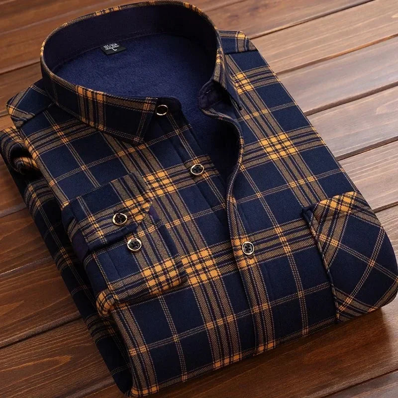   Autumn Winter Warm Plaid Fleece Shirt for Men Long Sleeve Flannel Fur Lined Thick Formal Dress Shirt  Clothing   EUR Brandsonce   Btsukimi Brandsonce Brandsonce