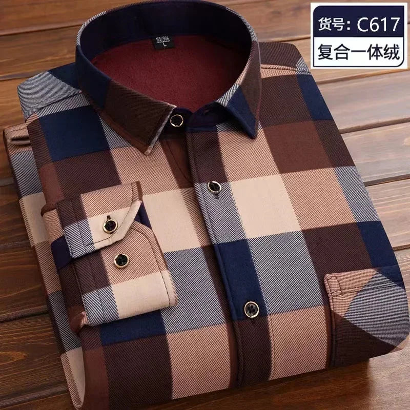   New 2024 Men's Long Sleeve Warm Plaid Shirt Autumn Winter Thick Fleece Casual Oversized  Clothing   EUR Brandsonce   Btsukimi Brandsonce Brandsonce