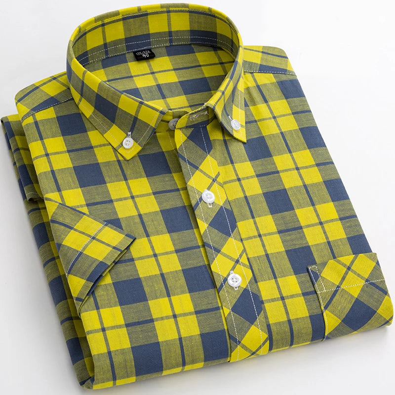   Casual Men's Plaid Shirt Short Sleeve 100% Cotton Soft Comfortable Cardigan Dress for Young Style  Clothing   EUR Brandsonce   PAULFITZGERALD Brandsonce Brandsonce