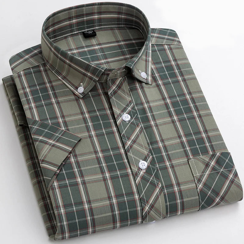   Casual Men's Plaid Shirt Short Sleeve 100% Cotton Soft Comfortable Cardigan Dress for Young Style  Clothing   EUR Brandsonce   PAULFITZGERALD Brandsonce Brandsonce